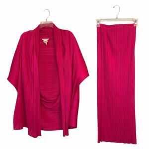 Pleats Please Issey Miyake Bright Pink Open Jacket + Skirt Outfit Set 3 (S/M)